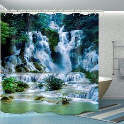 Shower Curtains Waterproof Polyester Fabric,Large Width Bright Partition Curtain with Waterfall Pool Print,Shower Curtain Liner for Bathtub Bathroom w
