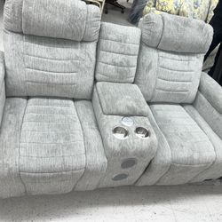 Gray Two Seater Reclining Sofa With Built In Speakers And LED Lights Underneath 