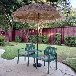 Vintage Outdoor Double Chair Bench with Tiki Umbrella