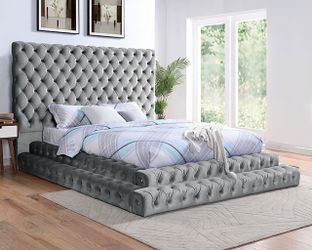 Brand New Glam Gray  Step Up Platform Bed Queen Size