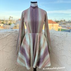 Lirika Matoshi gradient metallic Lurex plisse bishop sleeve A-line dress S NWOT