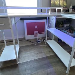 Lufeiya White L Shaped Gaming Desk with Fabric Drawers and Storage Shelves, 47 inch Home Office Desk with Monitor Stand, Computer Desk with LED Lights