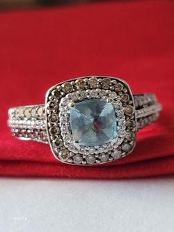 Le Vian 14K White Gold Aquamarine Chocolate & Vanilla Diamond Ring Size 9.25
