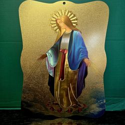Decorative Italian gold foil mosaic plaque depicting the Blessed Virgin Mary, specifically titled "Our Lady of Grace" 11.5"×15.5"