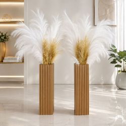 Tall Gold Ribbed Floor Vases with Pampas Grass Set of 2