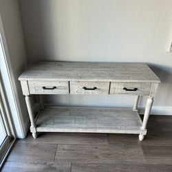 Signature Design by Ashley Shawnalore Farmhouse Solid Pine Wood Sofa Table with 3 Drawers and Floor Shelf, Whitewash