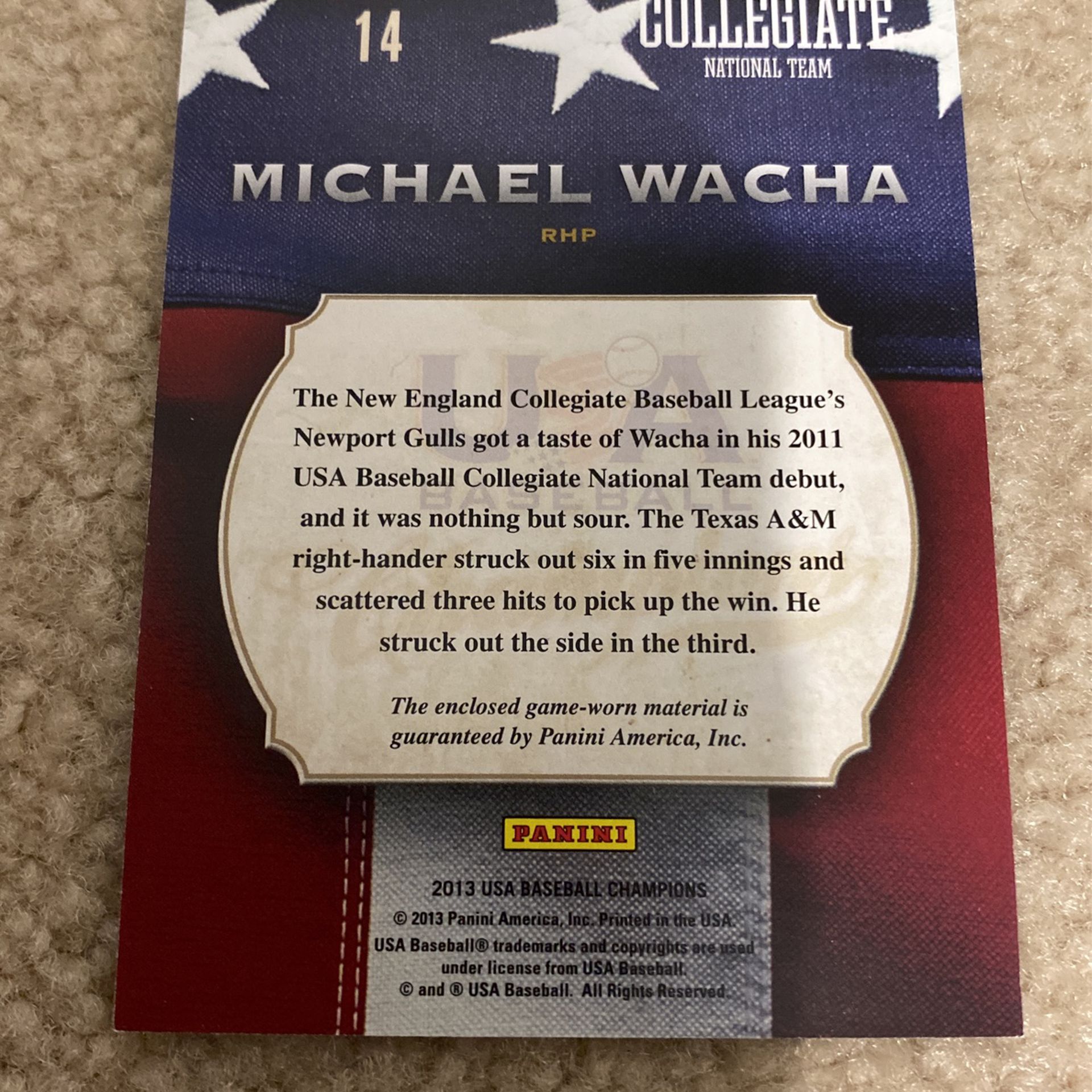 2013 Team USA Michael Wacha Relic Card