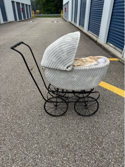 antique white wicker doll Carriage buggy