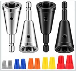 4 Pcs Wire Twister Tool for Drill, 6mm Hex Shank, 8-24 AWG 4-Piece Set, 6mm Hex Shank, Fits 8-24 AWG, 2-7 Wires, High-Carbon Steel, 10 Wire Nuts, For 