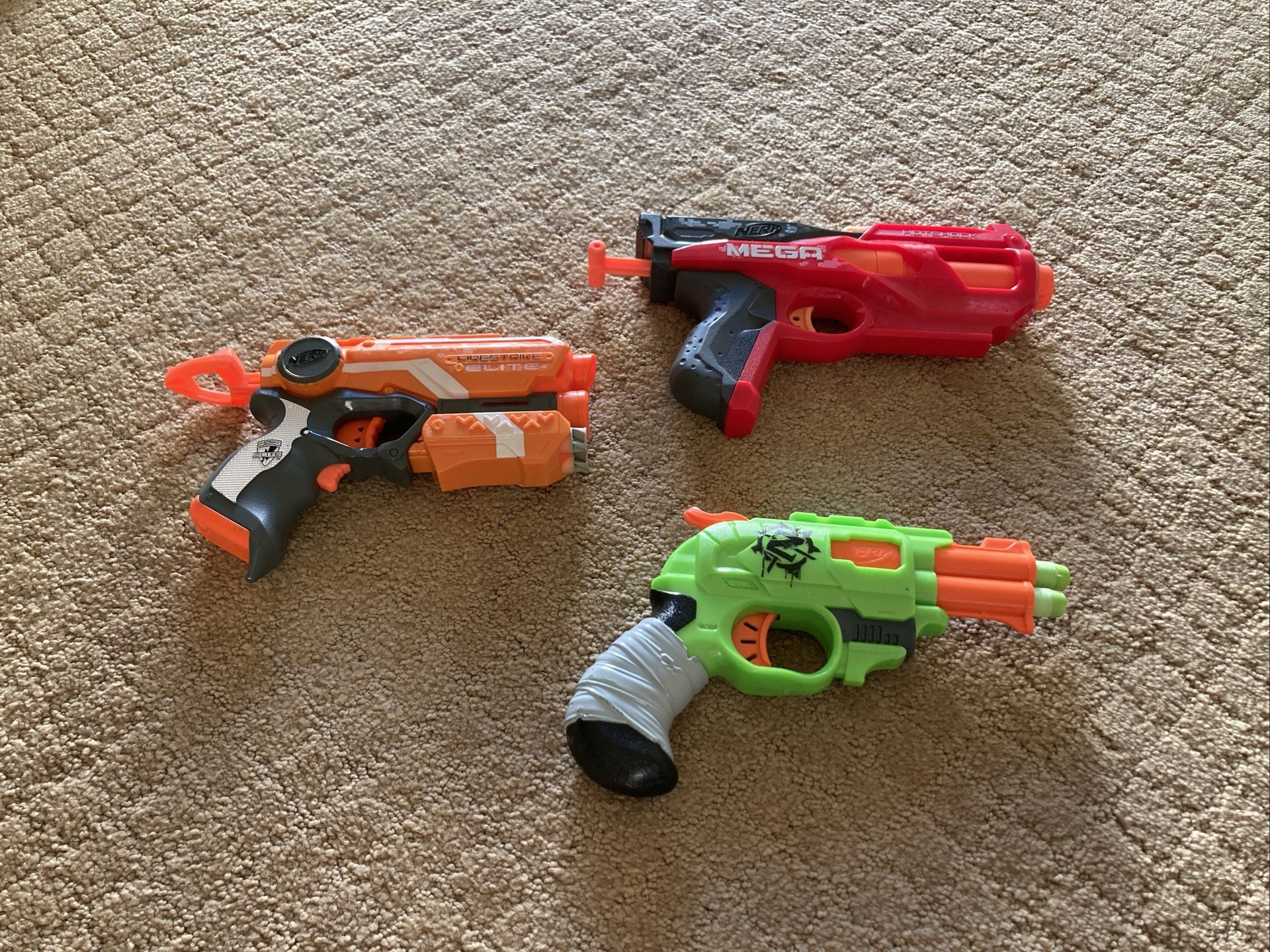 Set of 3 Nerf Guns (Mega Hotshot, Zombie Doublestrike, N-Strike Firestrike)