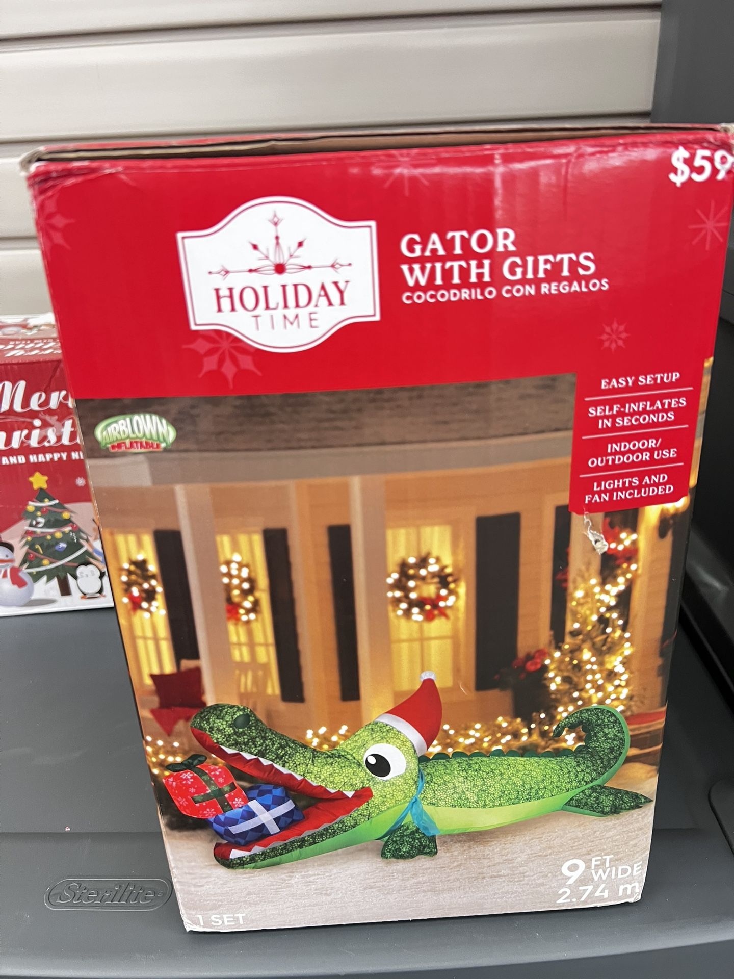 Christmas Inflatable Gator with Gift Sceen 9 Foot Wide LED Lighted Holiday Outdoor Aligator Yard Blow-Up Air-Blown Decoration - Includes Bonus Repair 