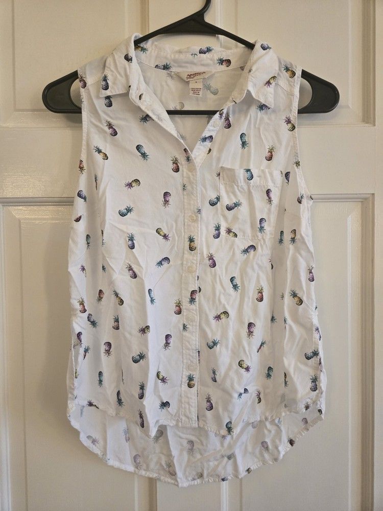 Women's Size Small Arizona Jean Co White Button Up Shirt Top Rainbow Pineapple Sleeveless