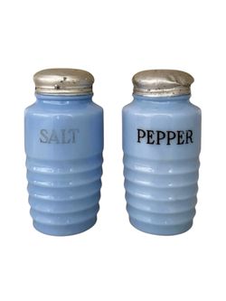 Vintage 1930s Jeanette Delphite Blue Milk Glass Beehive Salt & Pepper Shakers