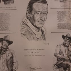 JOHN WAYNE FOUR FACES WEST LITHOGRAPH PRINT BY GIL ORTEGA 1987 Pencil Drawing