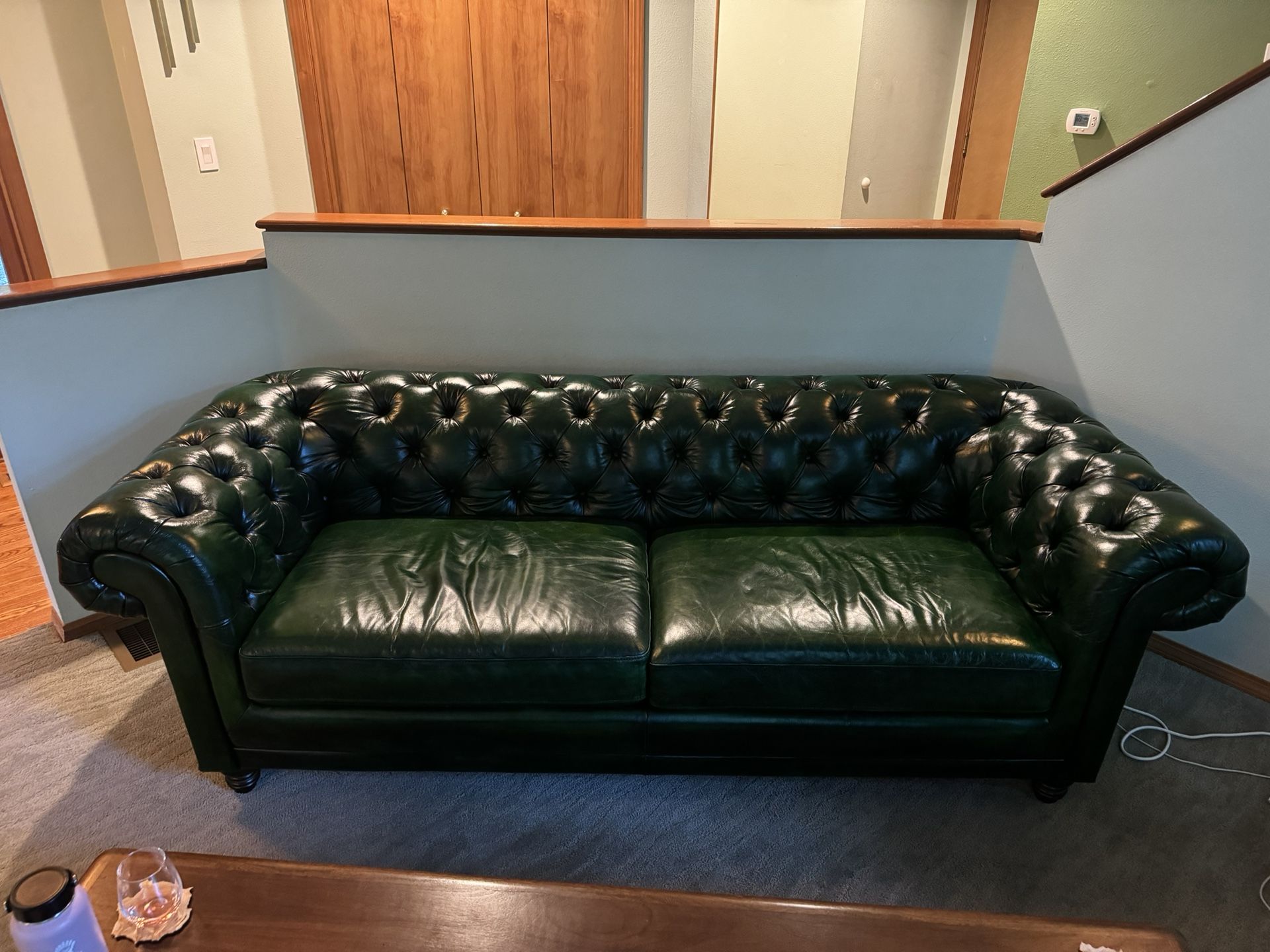 Full-Grain Tufted Green Leather Couch