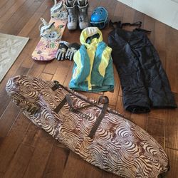 Complete Snowboard Set (Burton Bag, 120cm K2 Snowboard With Flow Bindings, Gloves, Helmet, Goggles, Jacket, Bibs)