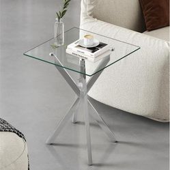 Small Side Table Glass End Table with Silver Metal Legs, Modern Square Clear Tempered Glass End Table Stylish Design Nightstand for Living Room, Bedro