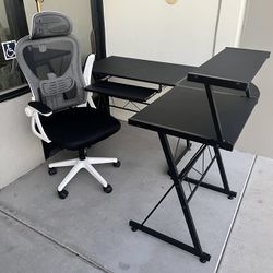 New In Box Gaming Style L Shape Office Computer Desk Black Table With Mesh Chair Furniture Combo Set 