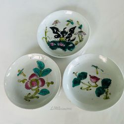  Antique Chinese Porcelain Plates Famille Rose Lotus/Butterfly Flower Peach Blossom Set of 3 
