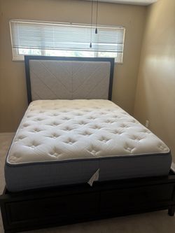 Queen Storage Bed Frame w/ Upholstered Headboard & 2 Drawers
