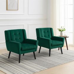 Set Of 2 - Green Velvet Square Armchair Accent Chairs [NEW] <Assembly Req> 