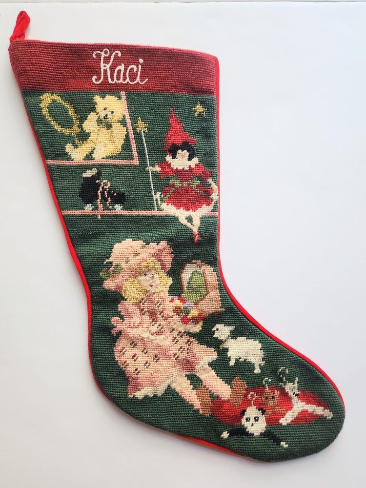 Unique Vintage Christmas Needlepoint Stocking "A Baby Girl Playing Toys"
