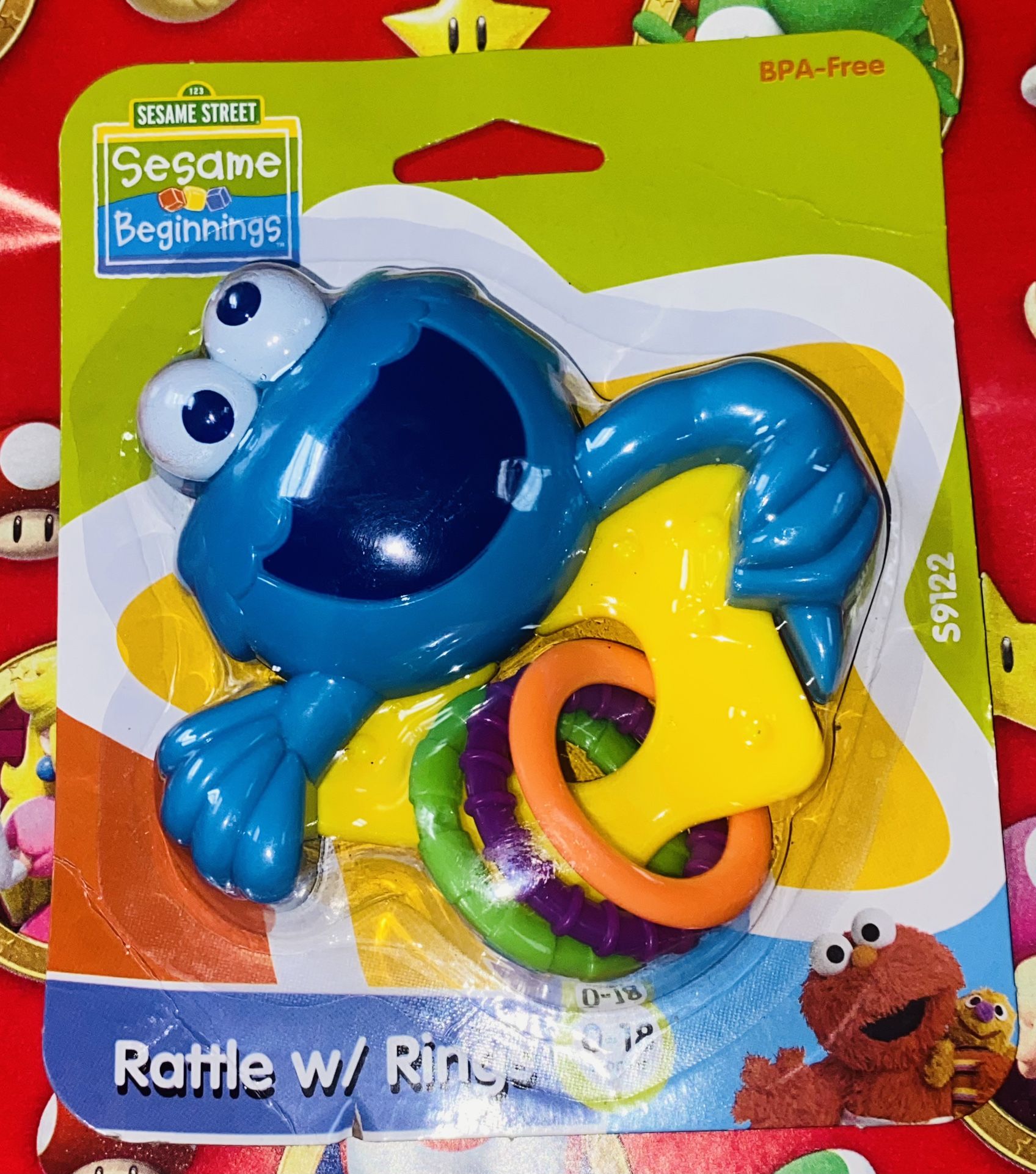 0-18 MONTHS💙🌈🍪⚫️✨SESAME ST COOKIE MONSTER RATTLE🌈🌟W: RINGS TOY💙🌈🍪⚫️✨