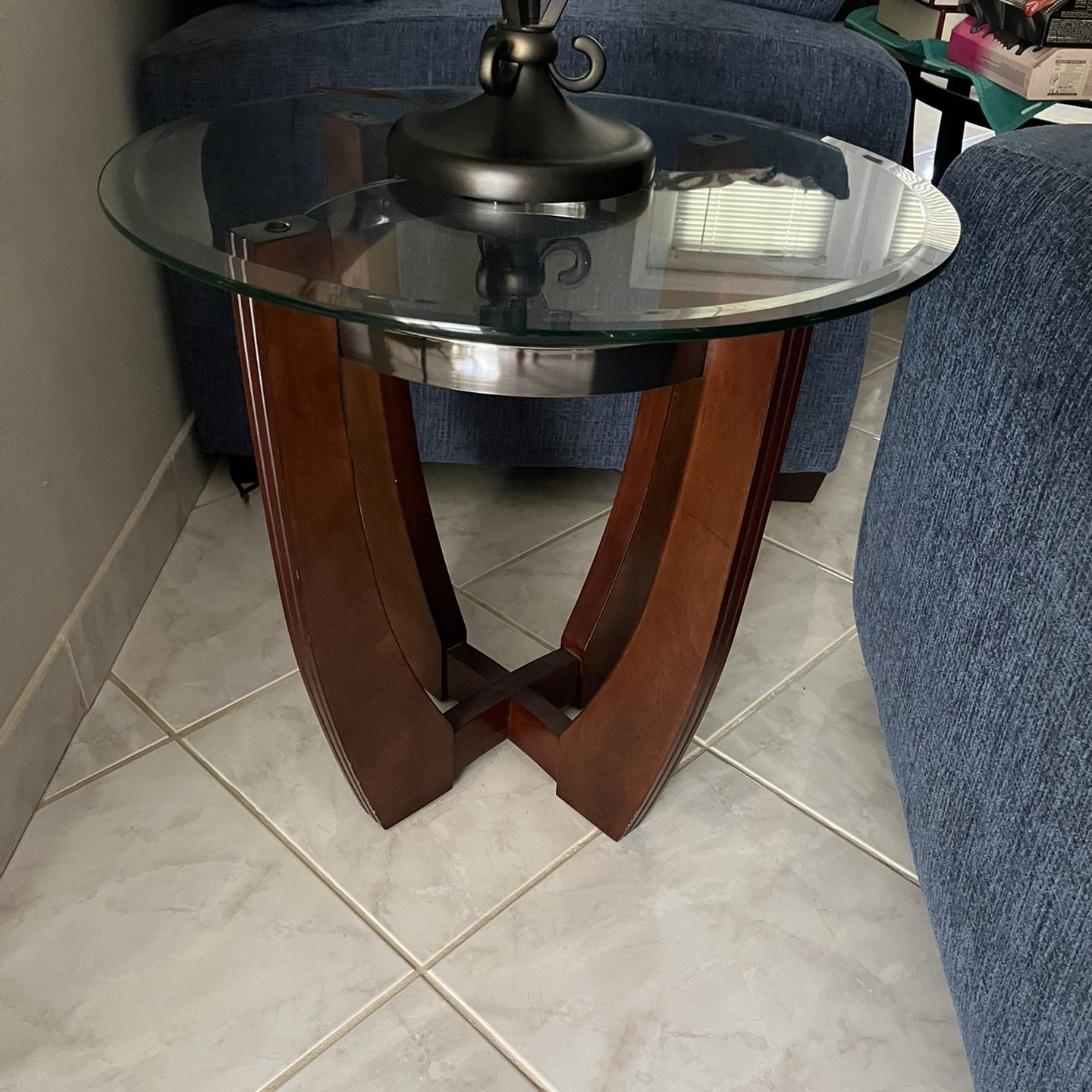 Glass top walnut end tables (2)