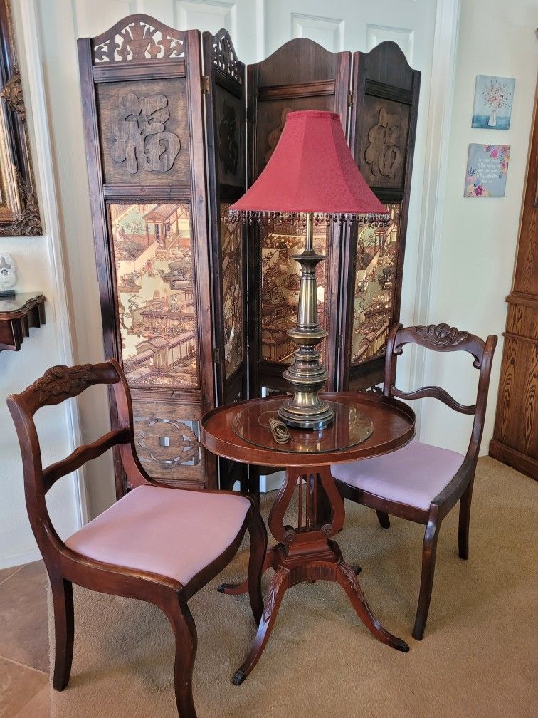 Vintage Table, 2 Chairs, Room Divider, Lamp