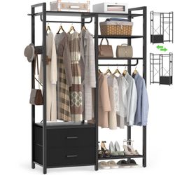 Heavy Duty Reversible Clothes Rack with Shelves & 2 Drawers - Space Saving Wardrobe System, Freestanding Closet Organizer with Hooks for Home/Office/L