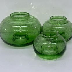 Trio of hand blown bubble, green glass globe candle holders