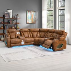 Power Sectional Recliner L Shape, 2 Tone Brown Leather, New Especial price 