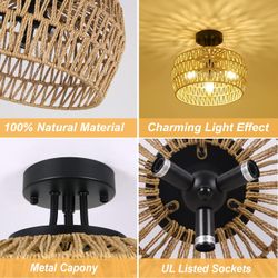 Semi Flush Mount Ceiling Light, Rattan Light Fixture Ceiling Mount with Handmade Wicker Lampshade, 3-Lights Boho Chandelier, Woven Close to Ceiling Li