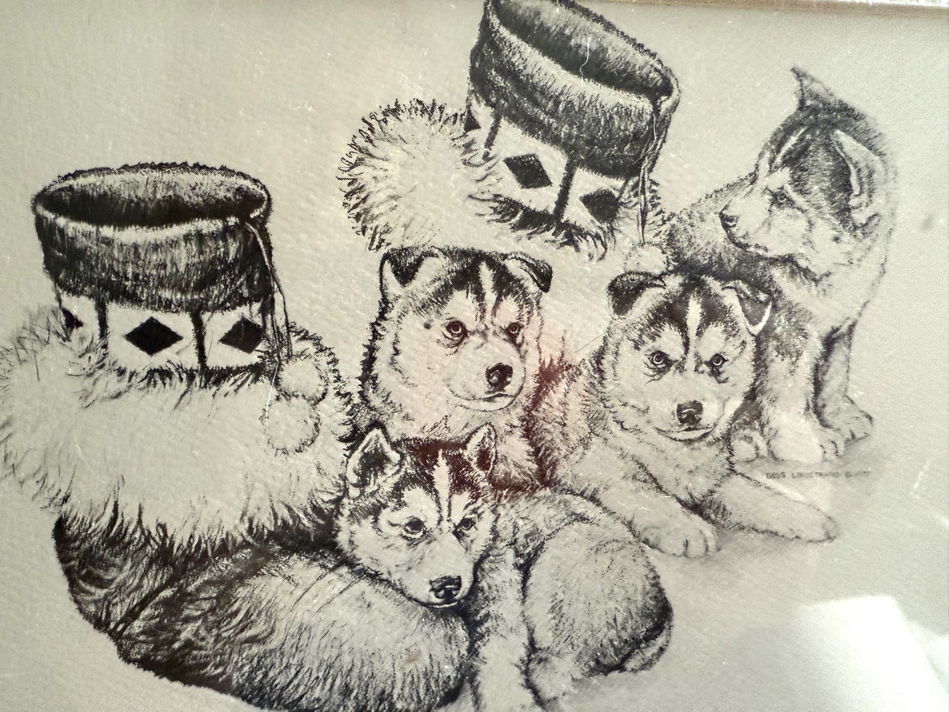 VTG Art Print Matted Sketch Doug Lindstrand Mukluk Warmers Huskies 8" x 10" Alaska 1987 - in Original plastic seal   Ready to Frame