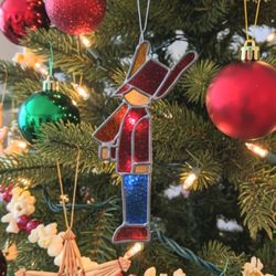 Rare Vintage Stained Glass Suncatcher Christmas Toy Soldier Ornament 7 in Nice!