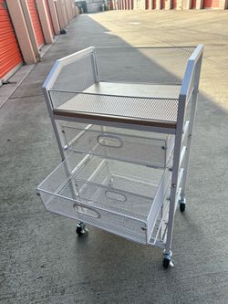 White Metal Mesh Rolling Storage Cart