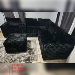 4- Pieces black Corduroy Sectional sofa set with ottoman