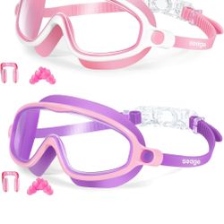 Seago Swim Goggles 2 Pack Anti-Fog Anti-UV Wide View Swimming Goggles for Kids 3-14