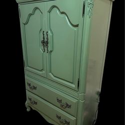 French Provincial Vintage Furniture Set – Hand-Painted Sage Green Armoire & Matching Nightstands