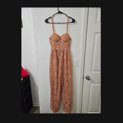 B.O.G. Collective Jumpsuit Small Orange Tropical Floral Palm Leaf Wide Leg Boho