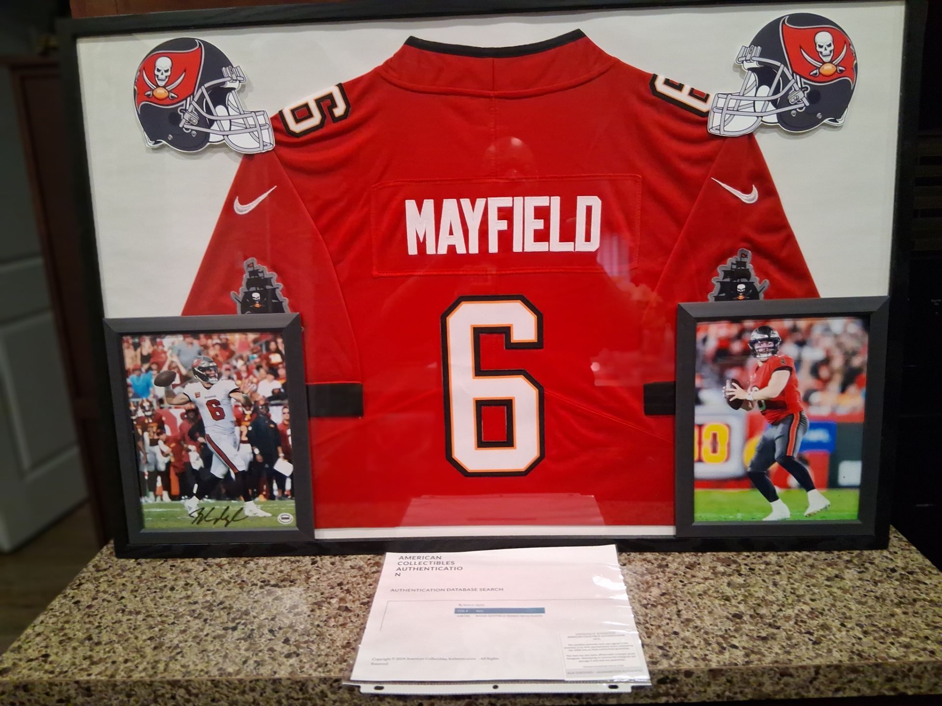 BAKER MAYFIELD OF THE TAMPA BAY BUCCAN, STITCHED, BRANDED, AUTHENTIC JERSEY, WITH SIGNED PHOTO, COA.