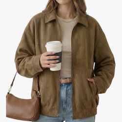 Faux Suede Jacket Women Oversized Casual Zip Up Long Sleeve Bomber Jackets Trendy Coat with Pockets