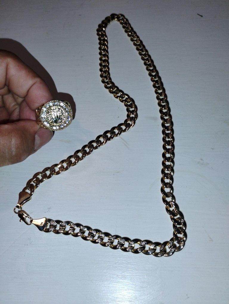 18 k Gold Plated Hip-hop Necklace And Diamond Ring