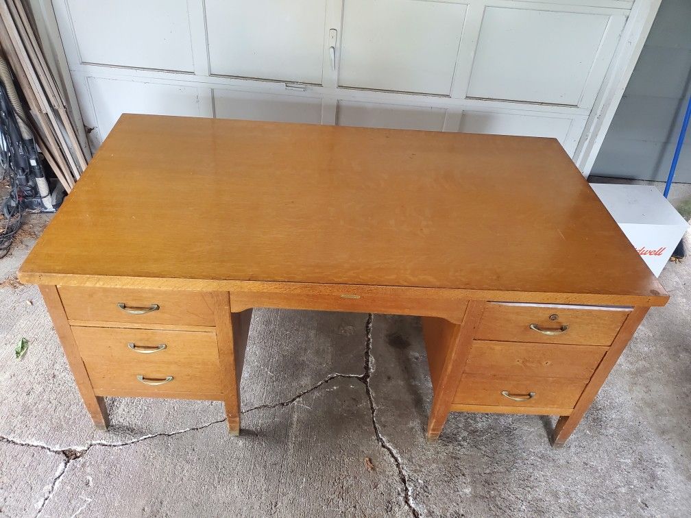 West Made Oak Desk Vintage 1930s Vintage Desk XLarge With Glass Top