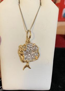 Beautiful Atocha silver Coin In Gold mermaid with silver chain