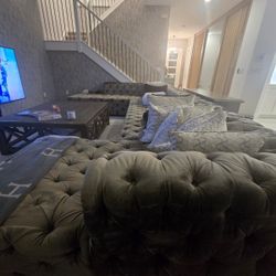 Grey Luxury L shaped Suede Buttoned Large Couch 