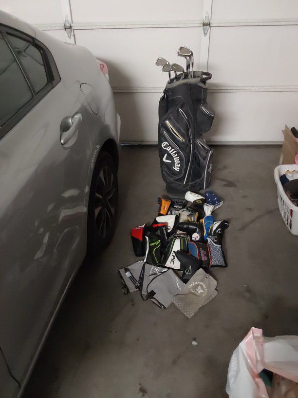 Golf Stuff LOT (20 Headcovers, Golf Bag, Cobra Irons, 4 Golf Towels)