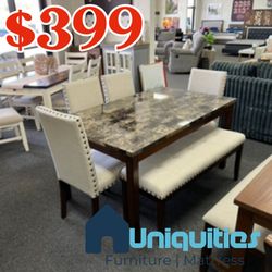 Dining Table With 4 Linen Chairs And Bench ✅ Financing Available - Bad or No Credit Accepted ✅ 