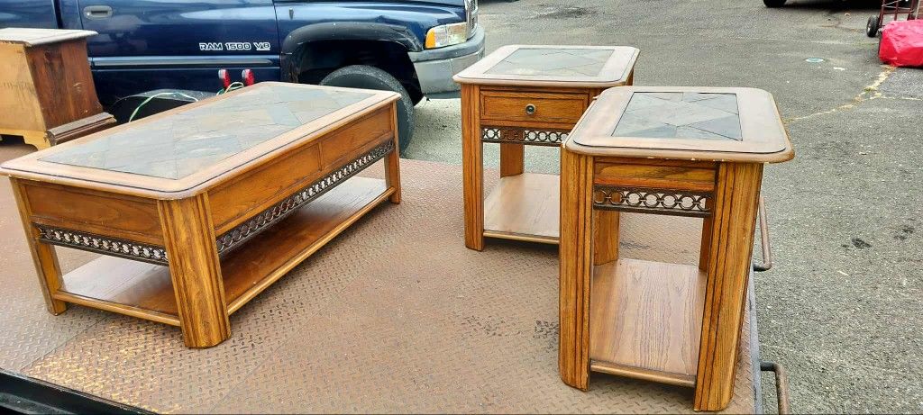 3 pieces bedroom/living room table set. Wooden, brass, and stone.
