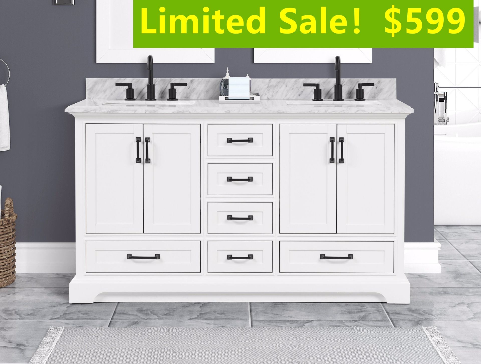 60”white double sink bathroom vanity with carrara white marble stone top